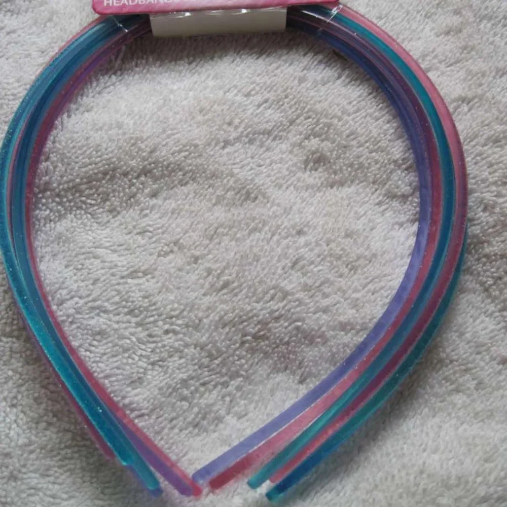 6 Goody Girls Skinny Thin Plastic Glittery Pastel Head Bands Purple Pink Blue